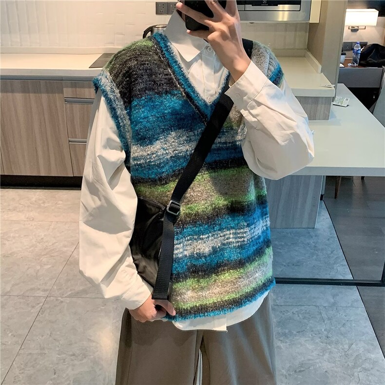 小香风复古渐变条纹V领针织马甲男春秋新款休闲套头背心毛衣,男装背心/马甲,星座1013