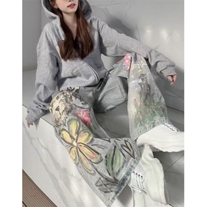 趣味猫狗手绘涂鸦牛仔裤女春秋新款高腰宽松直筒阔腿裤子N9526,牛仔婚纱搭配图片