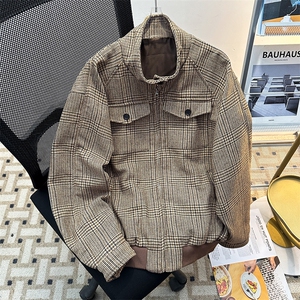 得物品质秋男立领 夹克衫千鸟格子羊毛双层大口袋夹克JK8351 P73图片