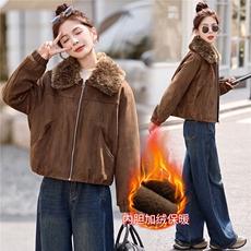 毛绒翻领加绒加厚鹿皮绒外套女2025秋冬新款洋气时尚百搭棉服上衣，女装棉衣/棉服，悦祺