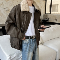 港风PU皮复古做旧面料可脱卸羊羔毛领夹克式棉衣男77933P138控198，男装夹克，星座227-7