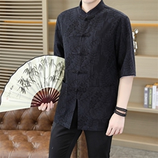 2025夏季风棉麻立领短袖衬衫风潮五分袖上衣JZW9812-P68，男装衬衫，星座1105-3