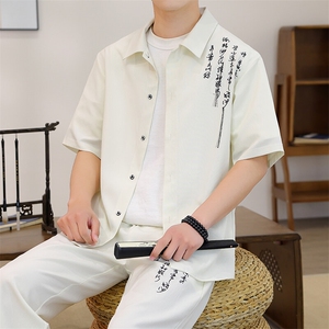 TZ07-P65 新中式风夏季男士新款短袖套装潮衬衫长裤两件套图片