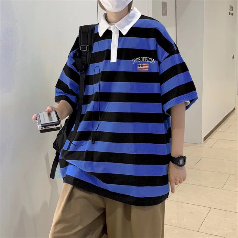 韩版polo衫男条纹帅气2023夏季新款ins宽松百搭日系衬衫W2778-P30,男装Polo衫,星座412-3