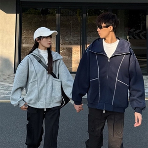 抖音得物高品质秋冬美式高街重磅结构辑明线纹理连帽卫衣外套W111图片