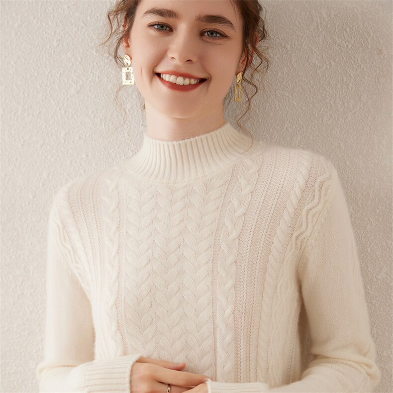 秋冬新款山羊绒毛衣女半高领绞花宽松显瘦羊毛内搭长袖针织打底衫，女装羊绒衫，轩妮羊绒
