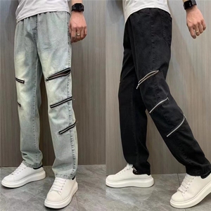 春季新款韩潮流男女秋季牛仔裤百搭水洗做旧休闲裤子设计感长裤图片