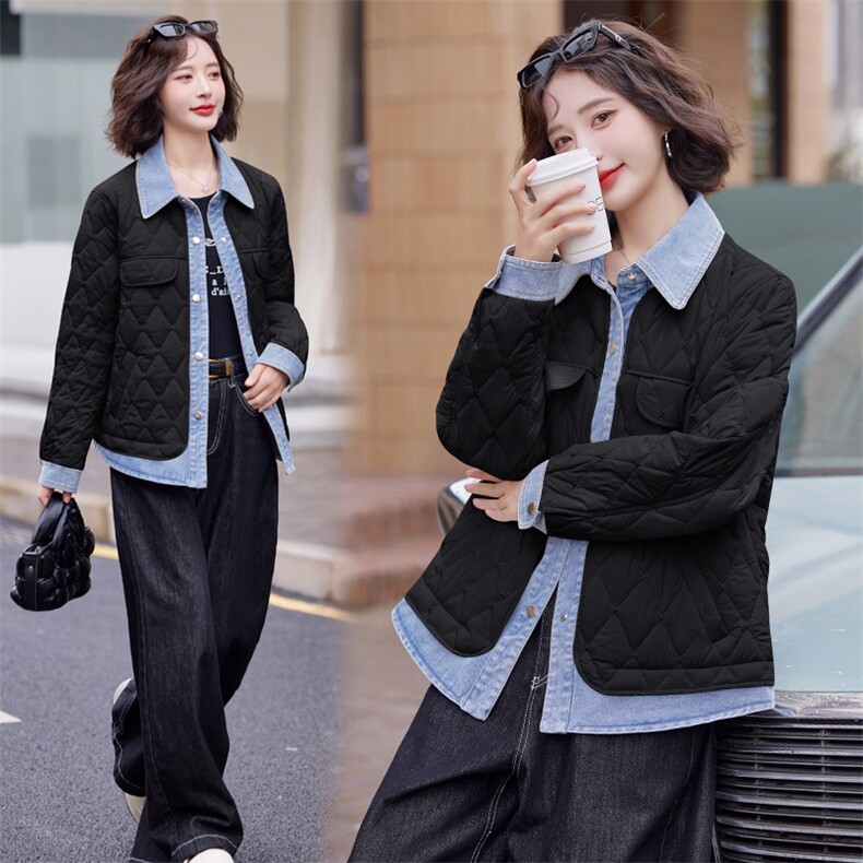 假两件牛仔拼接菱格轻薄棉服女2024冬季新款宽松百搭保暖夹棉外套,女装棉衣/棉服,靓星雨