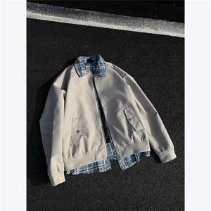 老钱风假两件翻领夹克外套男春秋拼接撞色美式CLeanfit飞行服 P80图片