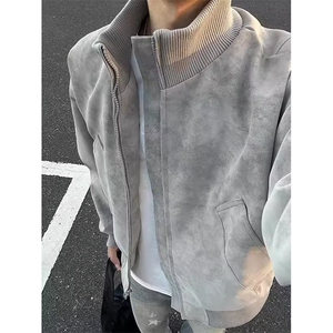 夹克复古扎染皮衣外套男秋冬款拼接设计飞行员短款棒球服 JL7271图片