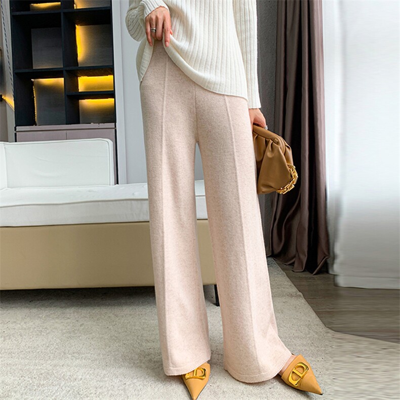 时尚百搭秋冬新款亲肤中缝针织阔腿裤舒适显瘦高腰直筒休闲裤，女装休闲裤，欣美羊绒