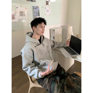 美式双拉链开衫卫衣男春季不规则设计感连帽外套潮牌街头运动帽衫图片