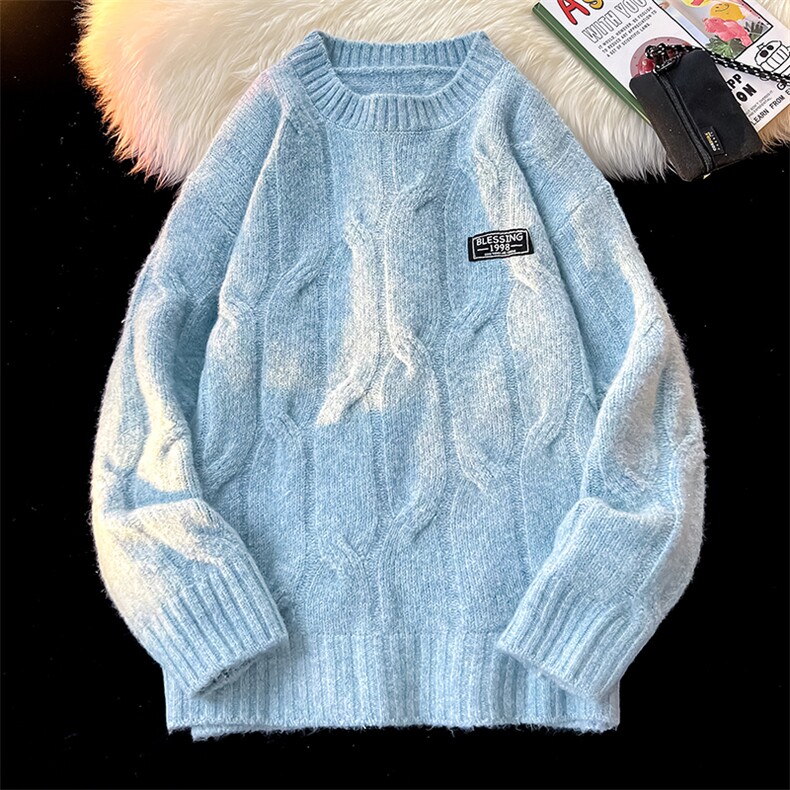 8XL-M圆领毛衣男秋冬慵懒风宽松情侣装麻花针织羊毛衫MY19004P68,男装针织衫/毛衣,电商B312