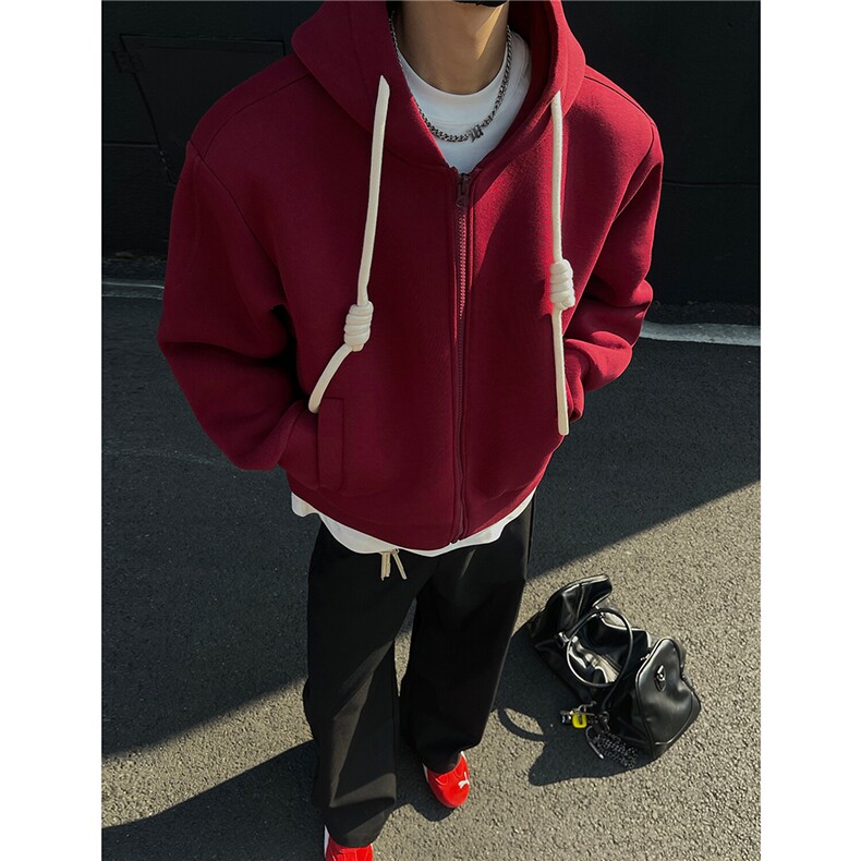重磅500克手工编绳纯色连帽开衫卫衣cleanfin外套男H1053特P80,男装卫衣,电商A341
