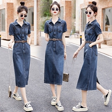法式复古港风牛仔连衣裙女薄款2025年夏新款小个子收腰显瘦衬衫裙，女装连衣裙，布芭啦