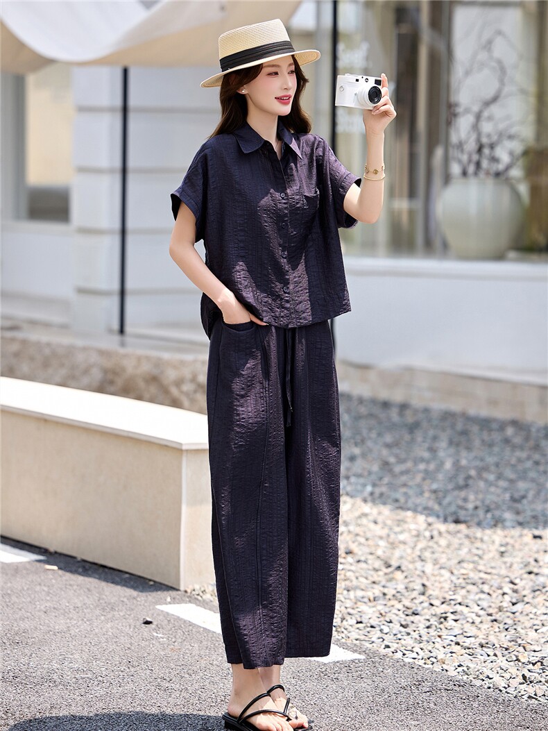 2026夏装新款时尚潮流休闲衬衫阔退裤两件套,女装套装/套裙,雪樱依海