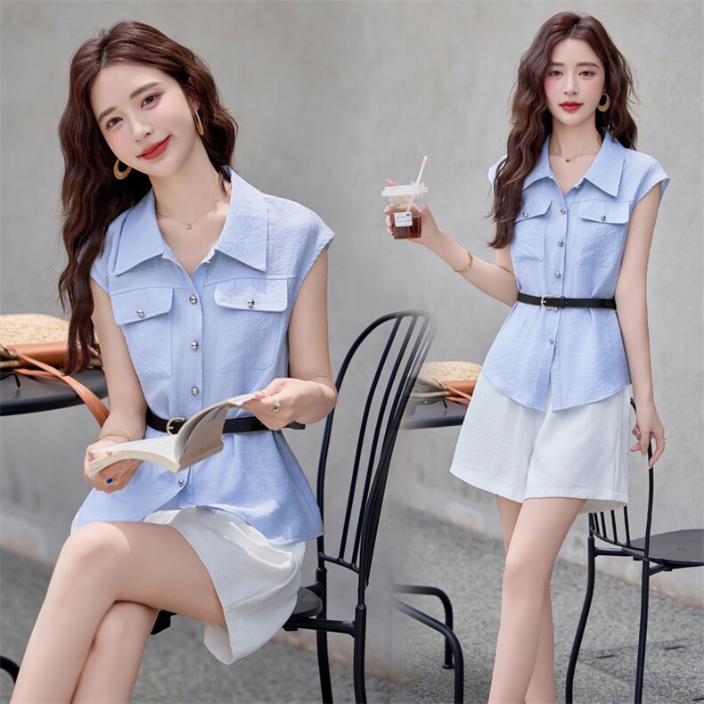 2025年夏季新款时尚休闲无袖上衣短裤两件套套装，女装套装/套裙，依路服饰