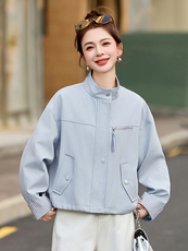 条纹袖口休闲短款蓝色外套女2026春秋新款小个子减龄百搭夹克上衣，女装短外套，美沁