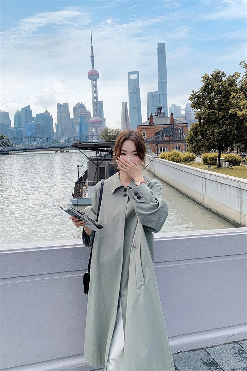 绿色中长款风衣外套女春秋2025新款港风复古减龄大码宽松大衣爆款,女装风衣,浙宝276（原081）