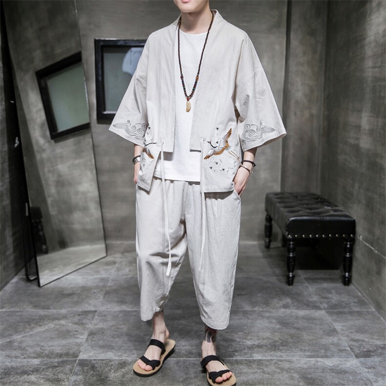 A611P75室内风2024春夏装新款七分袖七分裤仙鹤刺绣宽松汉服套装,男装T恤,电商A026