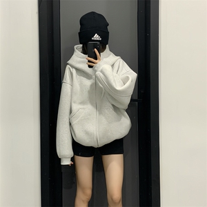 抖音得物高品质 26春装美式高街重磅宽松结构高领连帽卫衣外套W60图片