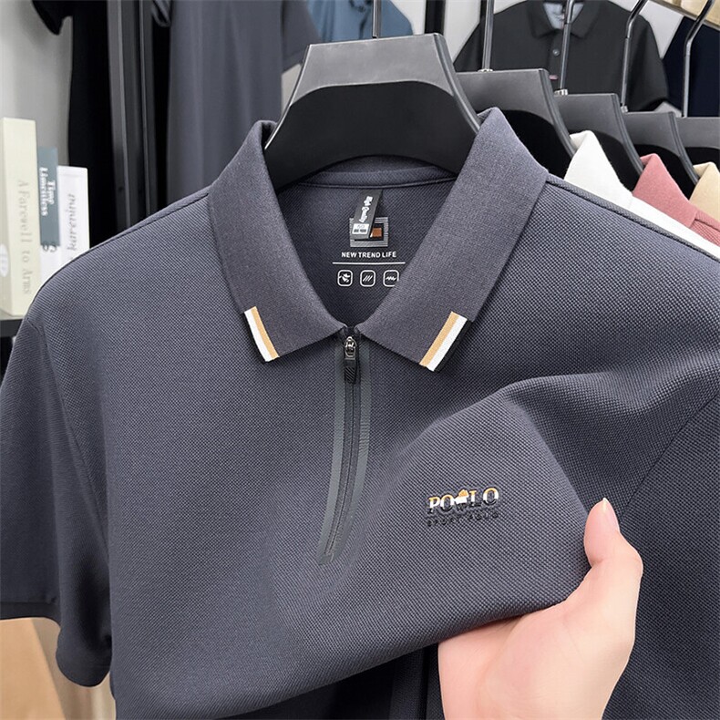 半拉链翻领短袖t恤男夏季新款品牌冰丝半袖白色印花POLO衫,男装T恤,电商B212（原钱塘6029）