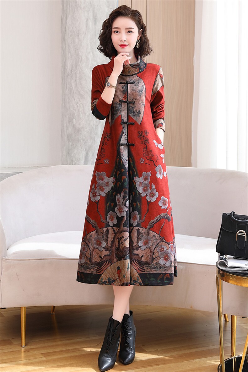 大码妈妈改良旗袍连衣裙2024秋冬新款加绒中老年喜婆婆婚宴装礼服，女装连衣裙，缘衣格