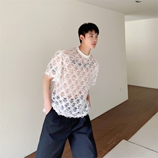 夏季男士新款圆领宽松小心机短袖镂空雕花T恤上衣潮A345-263-P60，男装T恤，电商A345