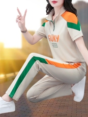 燕颉立领运动服短袖套装女2023年夏季新款跑步服时尚休闲服两件套，女装套装/套裙，燕颉服饰