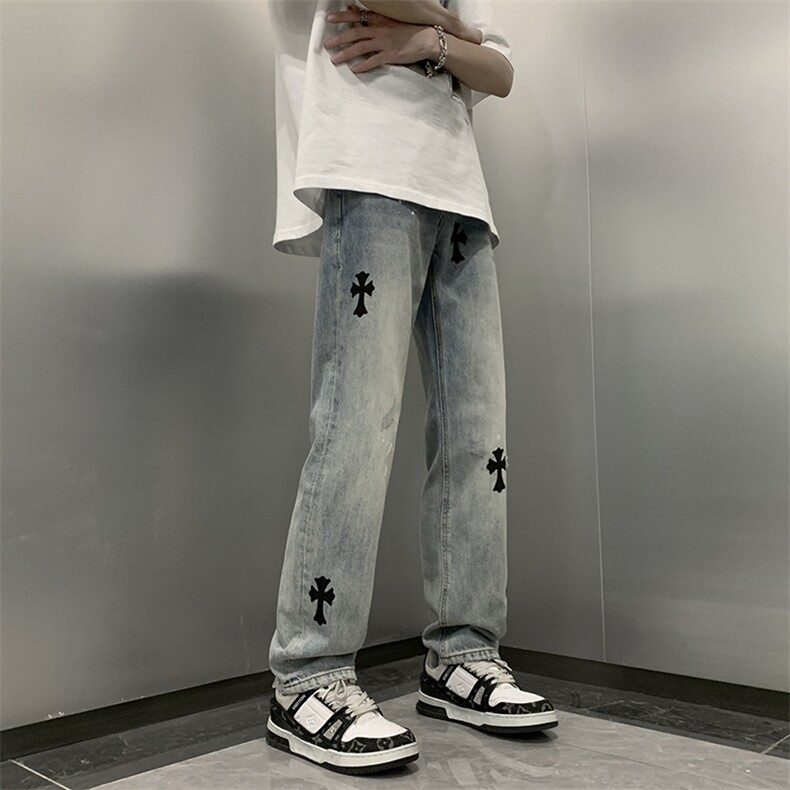 十字架印花牛仔裤男直筒高街潮牌日系宽松长裤N02217-P52,男装牛仔裤,星座308B-2