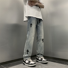 十字架印花牛仔裤男直筒高街潮牌日系宽松长裤N02217-P52，男装牛仔裤，星座308B-2