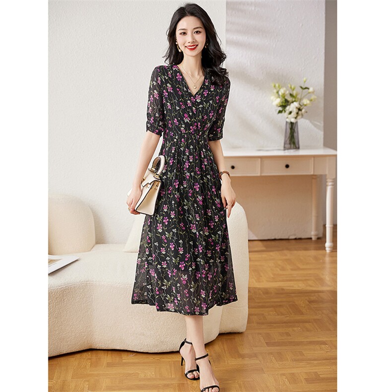 珂家商场同款2025年夏季新款浪漫茶歇V领收腰优雅连衣裙KF11887R1，女装连衣裙，牡丹诺