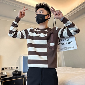 高级感痞帅圆领条纹卫衣外套社会小伙店主风301C-WY45-特P58控78,夏天大衬衫怎么搭配女图片