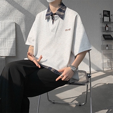 T10110-特批35夏季撞色拼接假两件高级感衬衫领男大码短袖T恤，男装T恤，电商A059