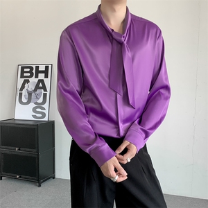 秋季2025紫色缎面衬衫个性设计痞帅垂感衬衫外套演出醋酸丝滑衬衣图片