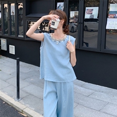 蓝色无袖上衣阔腿裤两件套女2025年夏季新款韩系气质休闲显瘦套装，女装套装/套裙，2C307