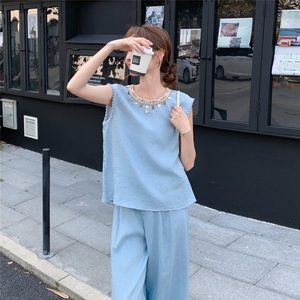 蓝色无袖上衣阔腿裤两件套女2025年夏季新款韩系气质休闲显瘦套装图片
