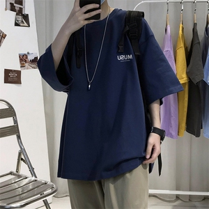 T003常年款男士休闲字母印花T恤衫外套圆领半袖五分袖TEE男女中性图片