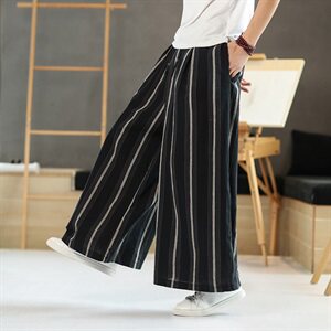 秋季宽松舒适剪裁长款宽条纹纹透气亚麻裤男款麻裤长裤D668P75图片