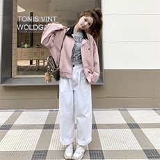 甜美风粉色拼色翻领休闲夹克上衣女2025小众设计感美式棒球服外套，女装短外套，2C201