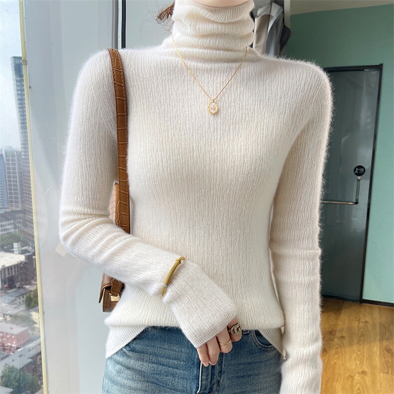 25秋冬100%纯羊毛衫女一线成衣半高领坑条套头毛衣宽松羊绒衫打底,女装羊毛衫,美轩羊绒