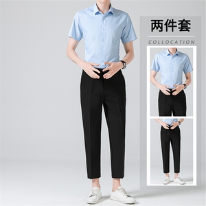 冰丝套装夏季九分西裤男长裤修身韩版港风休闲裤短袖衬衫两件套潮图片