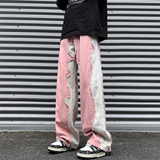 8XL-M特大码美式高街ins小众vibe鸳鸯黑白拼接直筒牛仔裤K929P60，男装休闲裤，电商D206-1