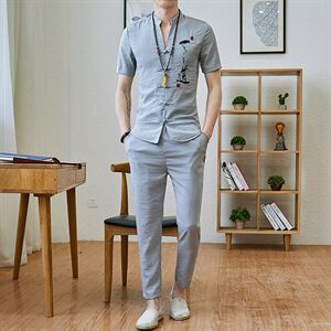 夏季套装男短袖t恤潮流v休闲风2021新款唐装汉服男装DS66图片