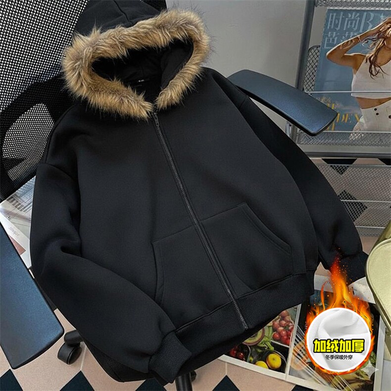 480G重磅加绒硬挺boxy秋冬美式高街超大毛领座山雕连帽卫衣厚外套，女装短外套，电商A486