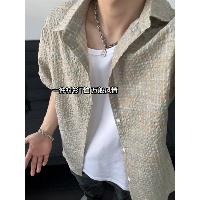 B221美式ins高街宽松薄款泡泡格短袖衬衫SY2548-特P35控59,男装衬衫,电商B221