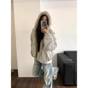 现货高品质美式高街冬季重磅硬挺短款座山雕毛领棉衣男女加厚外套图片