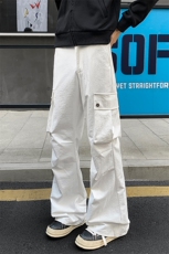 秋季美式多口袋立体剪裁褶皱工装裤男大码微喇裤K24056-特P40控78，男装休闲裤，电商A001-1