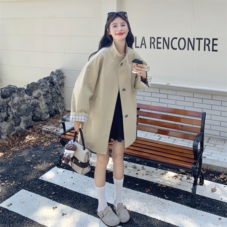 卡其色立领风衣外套女2025秋新款今年流行韩系宽松休闲小个子上衣,女装短外套,2C129