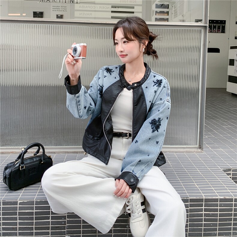 【大货】牛仔刺绣拼皮短外套2C057-918-P175-K288,女装短外套,2C057